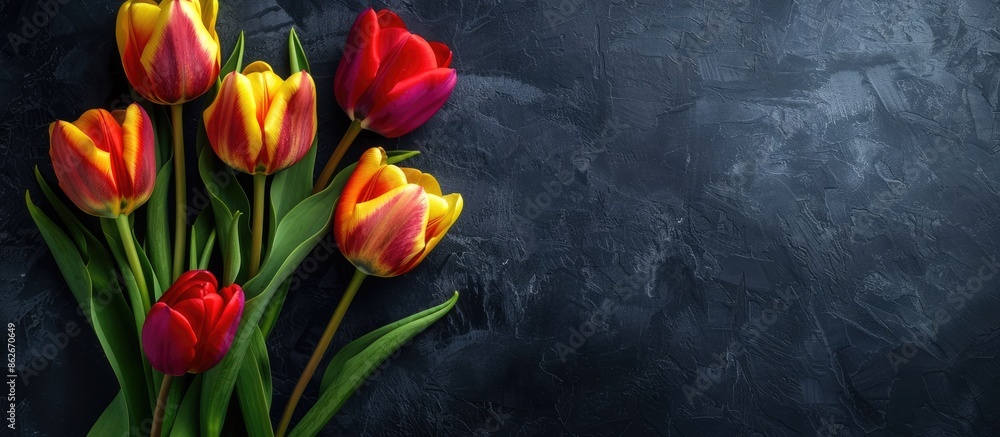 Poster colorful tulip flowers on a dark background top view with copy space image.