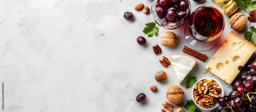 Poster Top view of wine, grapes, nuts, and cheese on a blank background suitable for adding text in copy space image.