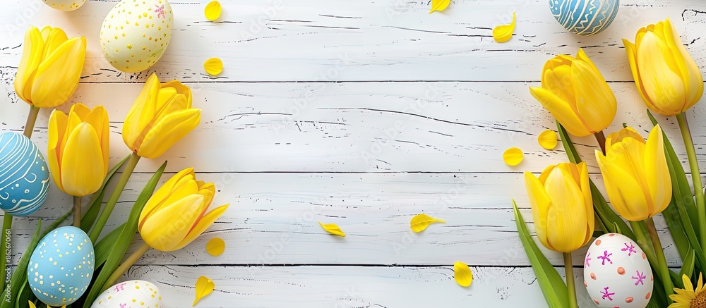 Poster top view image featuring a spring-themed easter background with vibrant eggs, yellow tulips, set on 