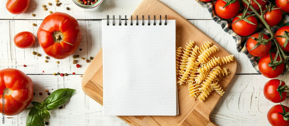 Aufkleber top-down view of a notebook on a wooden cutting board surrounded by various dry pasta and tomatoes, 
