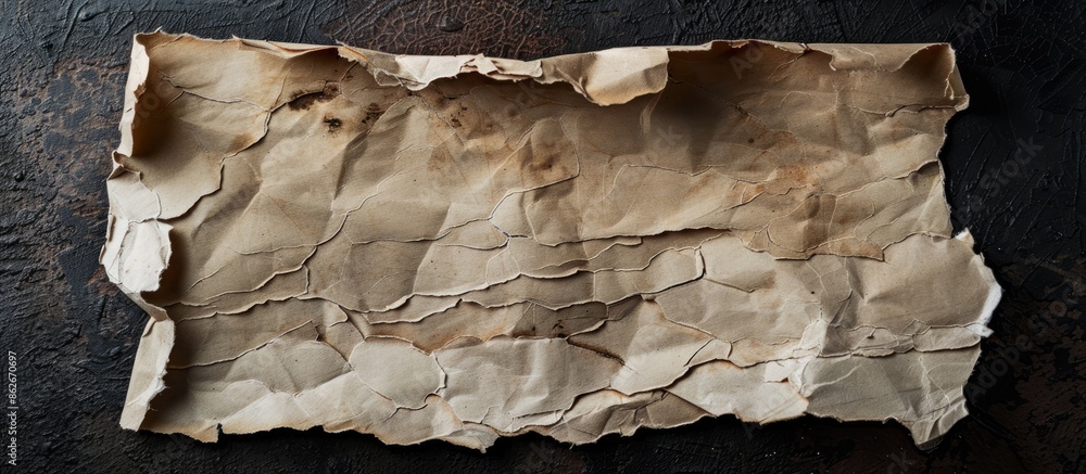 Aufkleber A torn paper fragment with ragged edges set on a dark backdrop, offering a blank space for images. Copy space image. Place for adding text and design