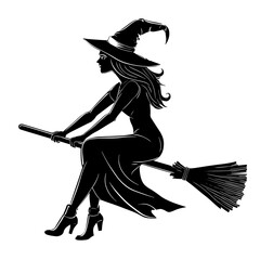 Witch on a broomstick. Vector black silhouette.