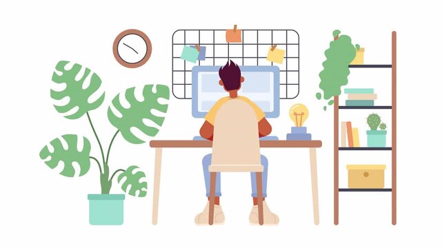 Cozy home office setup with freelancer cartoon animation. Work from home 4K video motion graphic. Freelance. Self-employed man typing computer 2D animated character isolated on white background