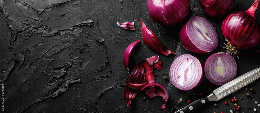 Aufkleber Red and sliced red onions with a knife on a black background in a flat lay style with room for text or other elements in the image. Copy space image. Place for adding text and design