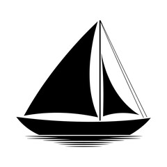 A black sailboat is floating on a calm body of water