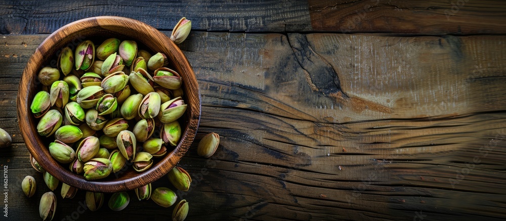 Aufkleber Wooden bowl filled with peeled pistachios displayed in both raw and roasted forms, with a blank space in the image for text or designs. Copy space image. Place for adding text and design