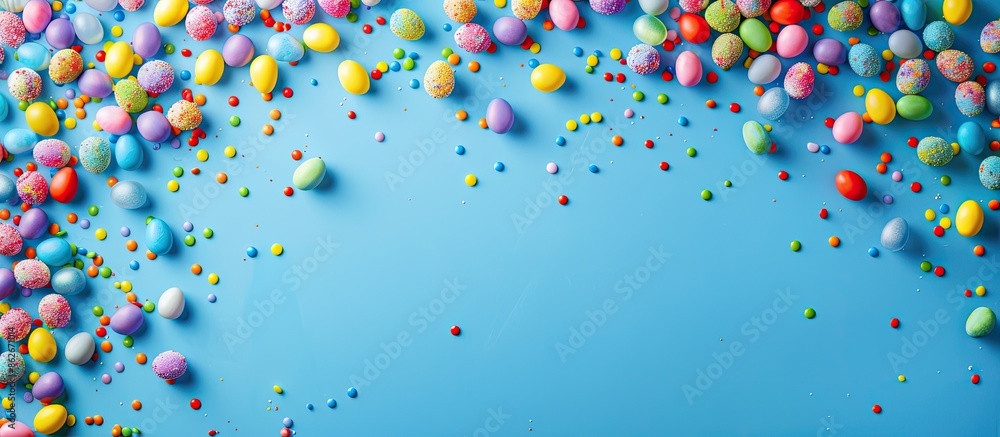 Poster vibrant holiday backdrop with blue background featuring candy. ideal for adding text. suitable for e