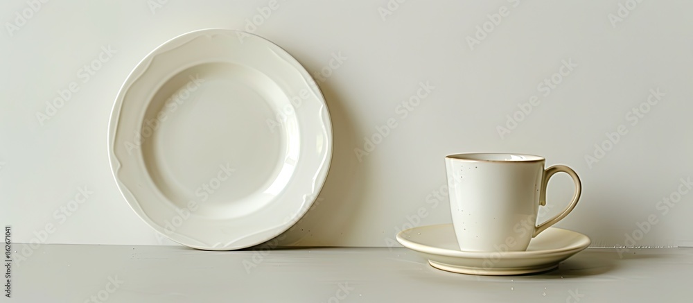 Poster White background featuring an unsoiled and empty plate along with a cup, with space for adding images. Copy space image. Place for adding text and design