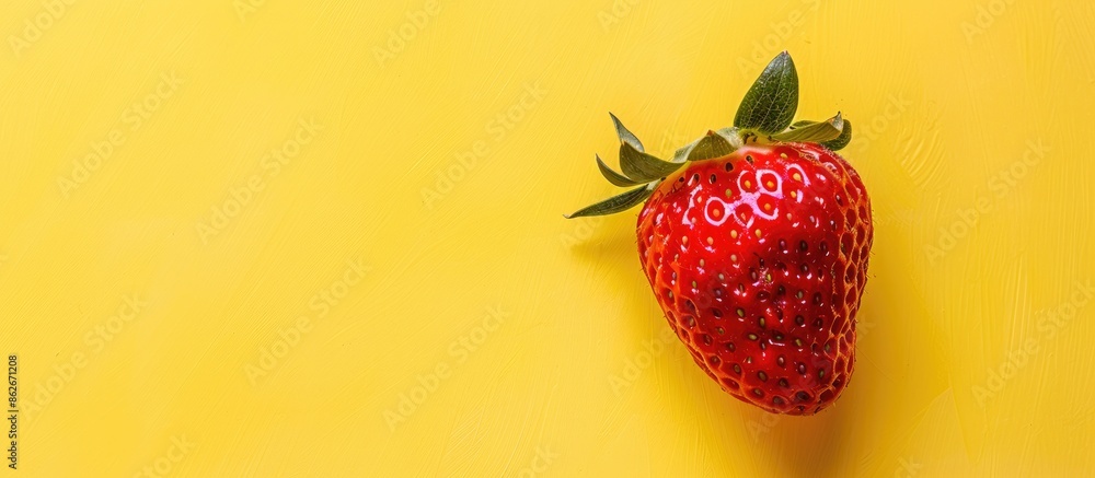 Poster top view of a fresh, ripe strawberry with a pattern on a yellow pastel background, providing ample c