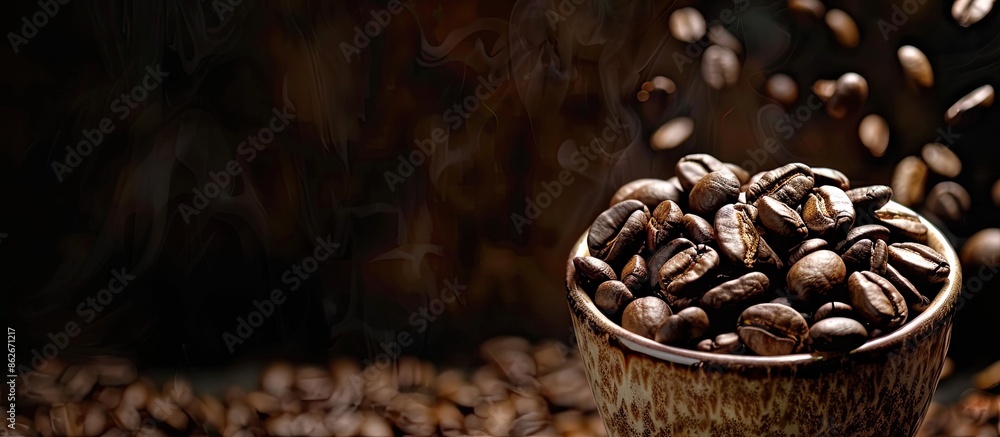 Poster coffee beans are beautifully displayed with a cup in a copy space image.
