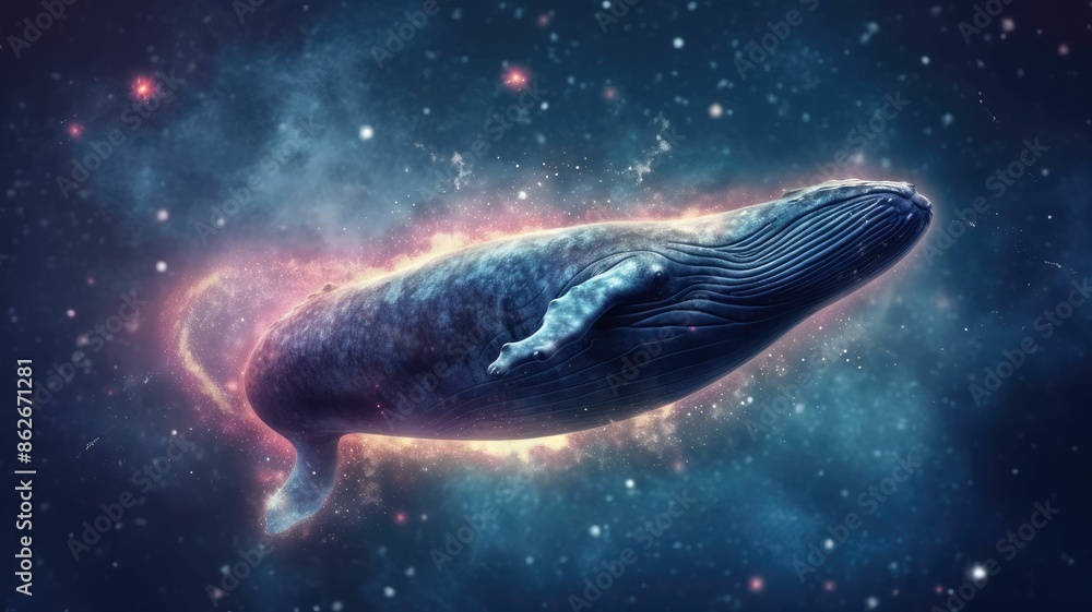 Poster surreal art design of a whale floating in space with a cosmic background and starry sky. digital art