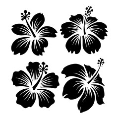Vector set of black silhouettes of tropical hibiscus flowers isolated on a white background
