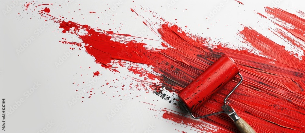 Poster top view of red paint strokes and a roller on a white backdrop with copy space image.