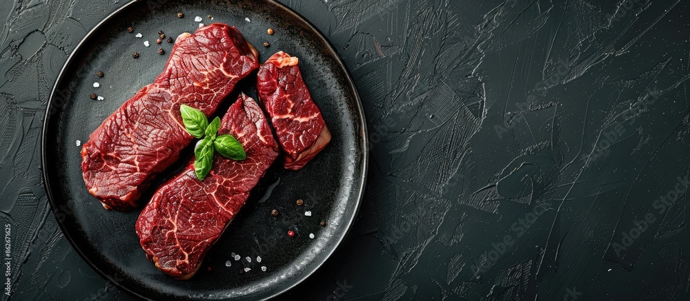 Poster top view of a plate with garnished striploin or new york beef steaks on a black background, with amp