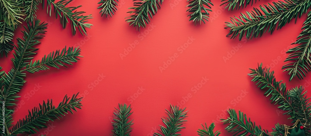 Poster christmas-themed flat lay featuring fir branches on a red background with space for adding text or i