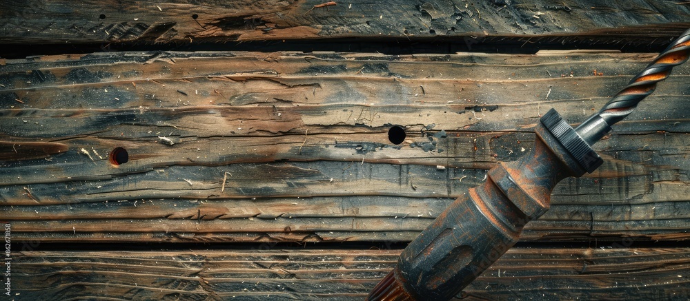 Poster use a drill to bore holes in a wooden board; a copy space image.