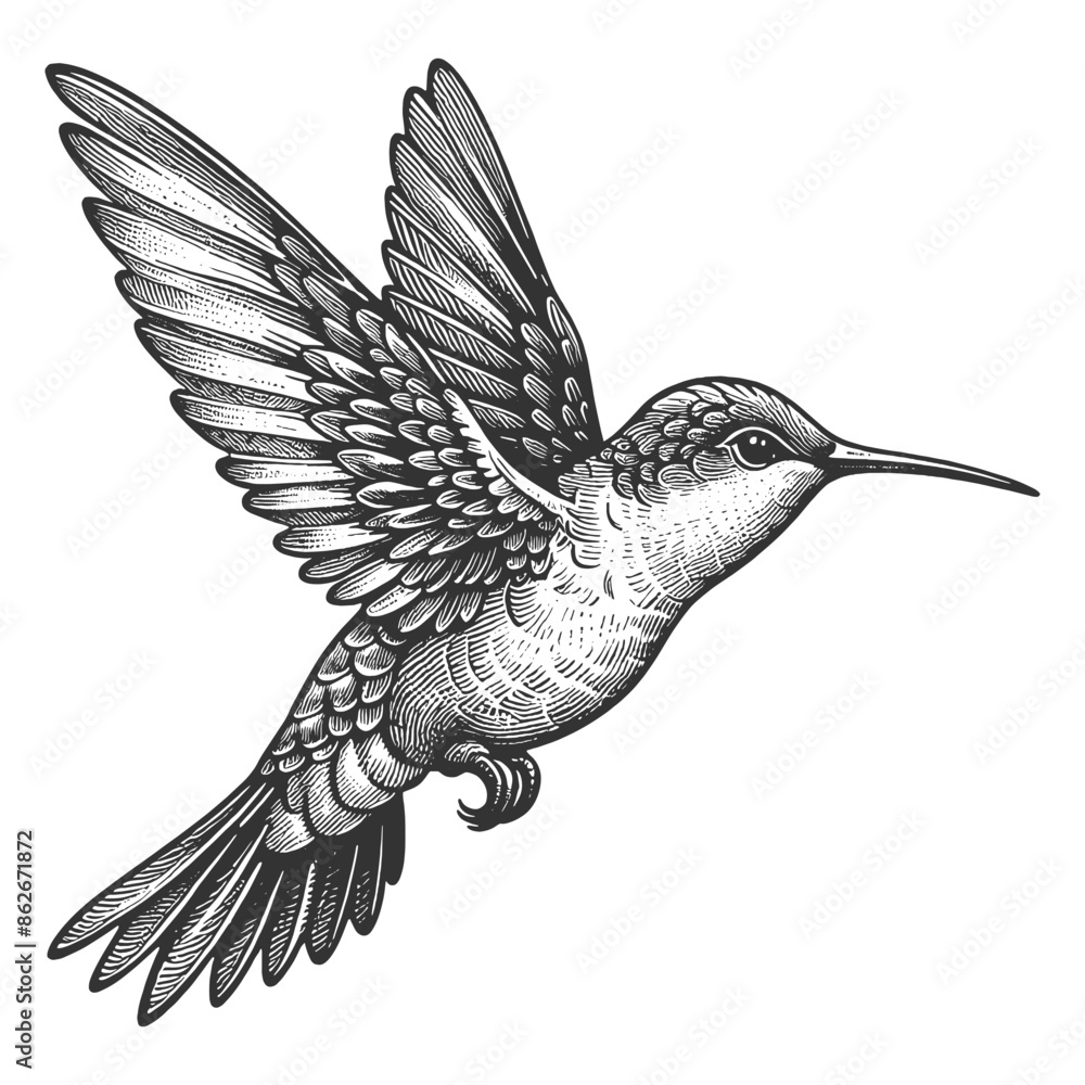 Poster hummingbird in mid-flight, showcasing its intricate feather patterns and graceful movement sketch en