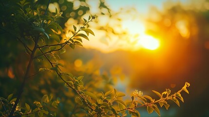 a tree branch with leaves and a sun in the background
