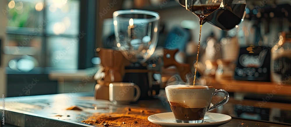 Poster Capture a candid image of preparing a Flatwhite Cappucino with Espresso at home, featuring copy space.
