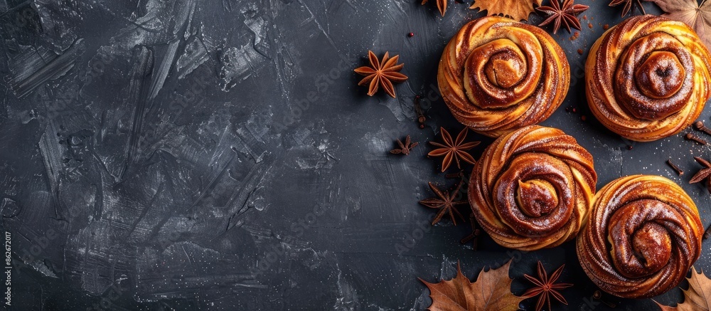 Poster top view of delicious pumpkin-shaped buns and cinnamon on a dark backdrop with room for text, ideal 