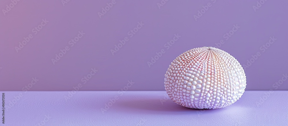 Fototapete Minimal summer composition featuring a sea urchin shell in soft natural hues set against a vibrant purple background with copy space image.