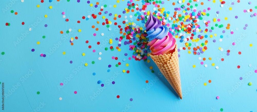Aufkleber Colorful party cone and confetti arranged on a bright backdrop with ample copy space image.