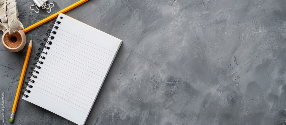 Aufkleber the top-down perspective of a desk with a pencil holder and a blank notepad on a gray backdrop, emph