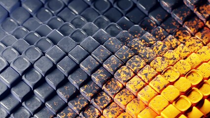 Art composition featuring a metallic gradient, black and yellow shapes, and debris, created in a modern style