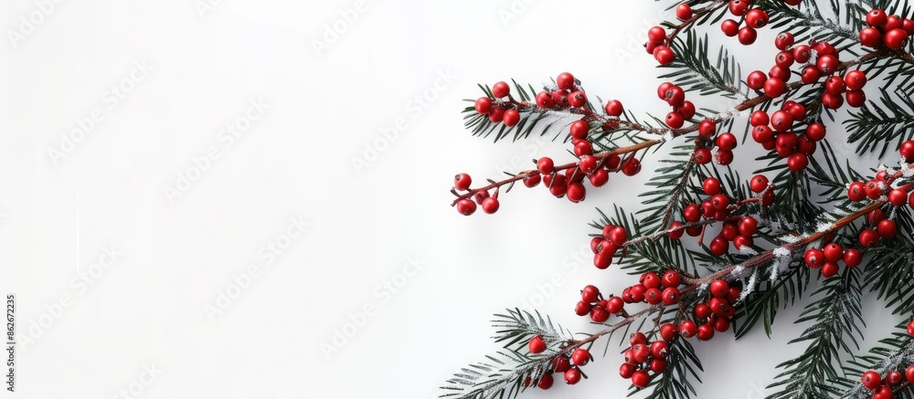 Aufkleber A Christmas tree branch adorned with red berries and ornaments against a white backdrop, perfect for a copy space image.