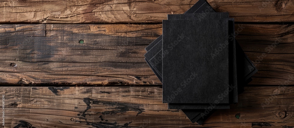Poster a mockup showcasing black business cards on a wooden backdrop, serving as a branding identity templa