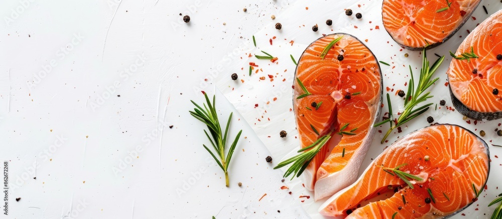 Poster sliced salmon steaks on a plain white backdrop, ready for cooking with copy space image.