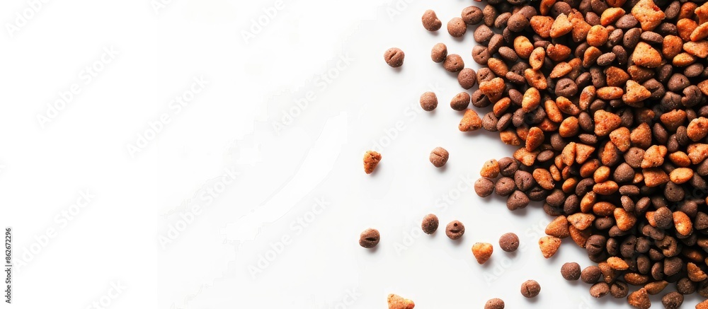 Poster a detailed close-up of cat food on a white background with copy space image.