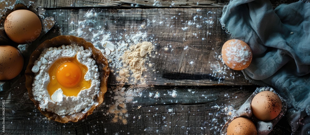 Fototapete Rustic setting in a bakery with egg yolk and flour mixture on a wooden table. Top view adds to the charm of the copy space image.