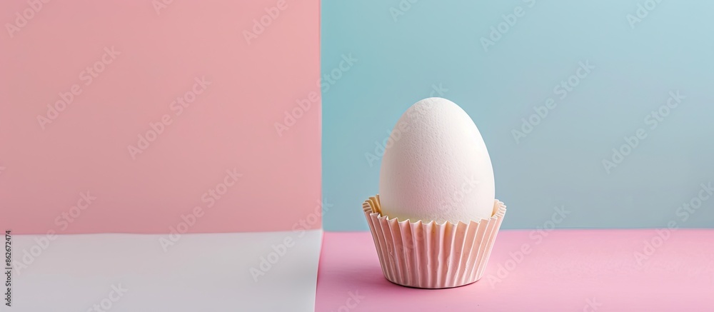 Poster minimal easter-themed creative concept featuring a white egg in a paper baking cup against a pastel 