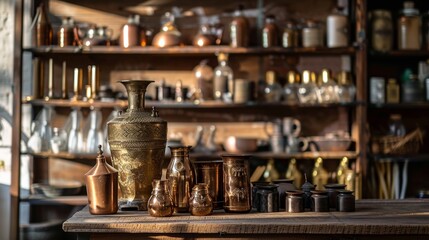 Fototapeta premium Antique Brass and Copper Vessels in Rustic Kitchen