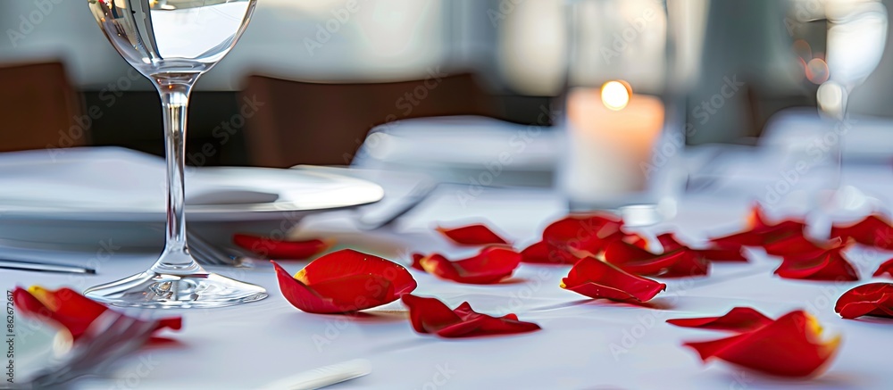 Poster Romantic dinner table setting with rose petals on white table, featuring a closeup view with copy space image.