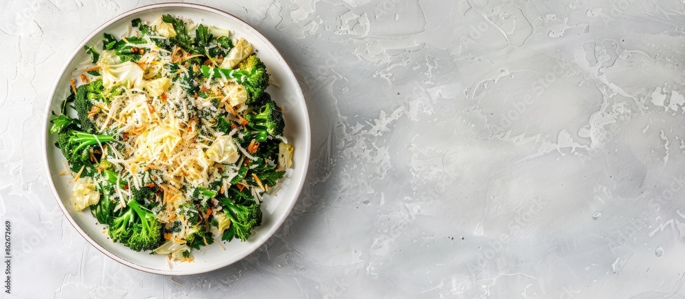 Aufkleber Roasted broccolini and cabbage topped with crispy Parmesan cheese on a white background in a top-view image with copy space.