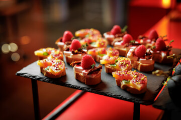 A gourmet selection of bruschetta appetizers topped with fresh strawberries, peach, mint, and cheese.