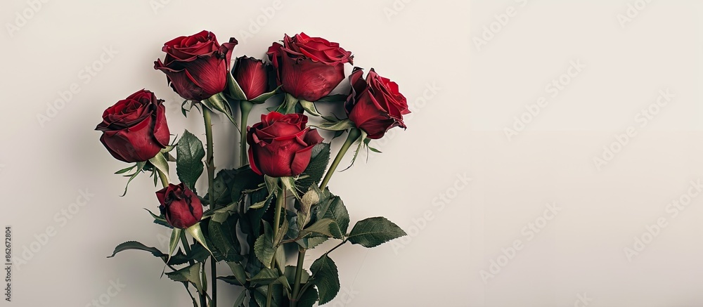 Poster a holiday gift bouquet of red roses on a light background, creating a beautiful close-up copy space 