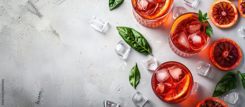 Aufkleber An overhead flat lay image of Negroni cocktails featuring blood oranges, with space for text. Copy space image. Place for adding text and design