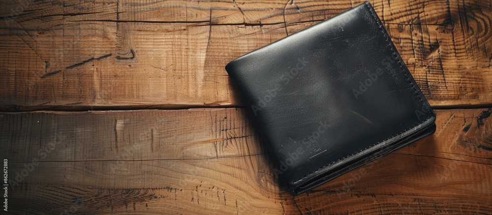 Poster Leather wallet in black color displayed on a table made of wood, with space for adding images. Copy space image. Place for adding text and design