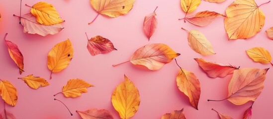 Autumn leaves in yellow and red shades on a soft pink backdrop perfect for adding text or images. Copy space image. Place for adding text and design
