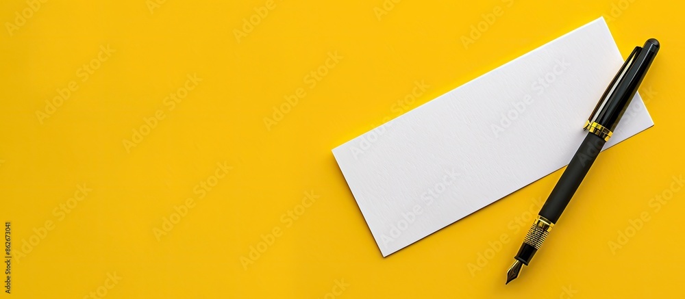 Poster Mockup with a pen on a yellow background featuring an empty white paper sheet for copy space image.