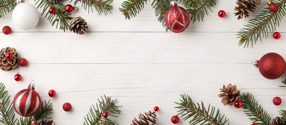 Poster top-down view of a festive decoration arrangement on a white wooden backdrop with space for text or 