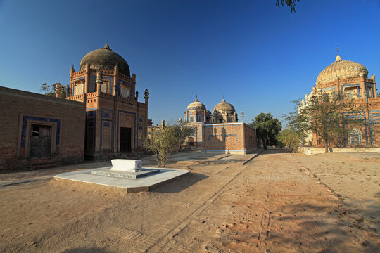 View of Multan Fort with brick buildings and domes, Multan, Pakistan.