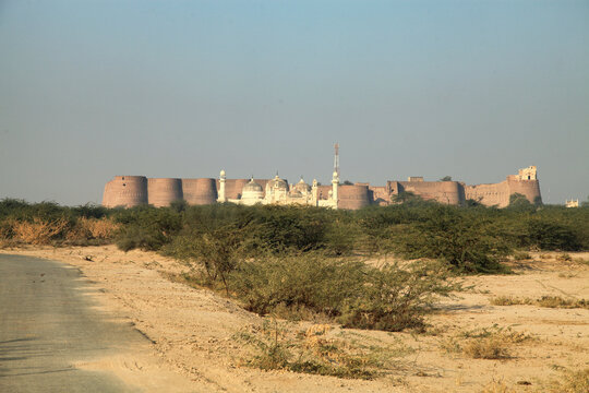 View of Multan Fort with historic architecture and desert landscape, Multan, Pakistan.