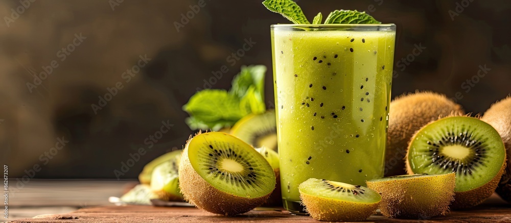 Poster Kiwi smoothie with fresh ingredients displayed on a wooden surface, leaving room for text in the image. Copy space image. Place for adding text and design
