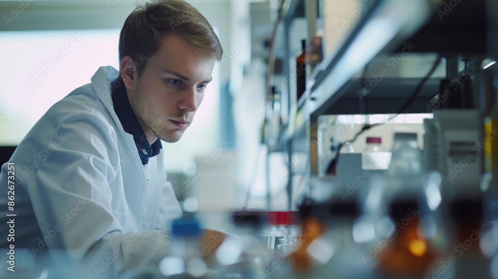 Poster an engineer is conducting experiments in a science lab, wearing a lab coat. aig41