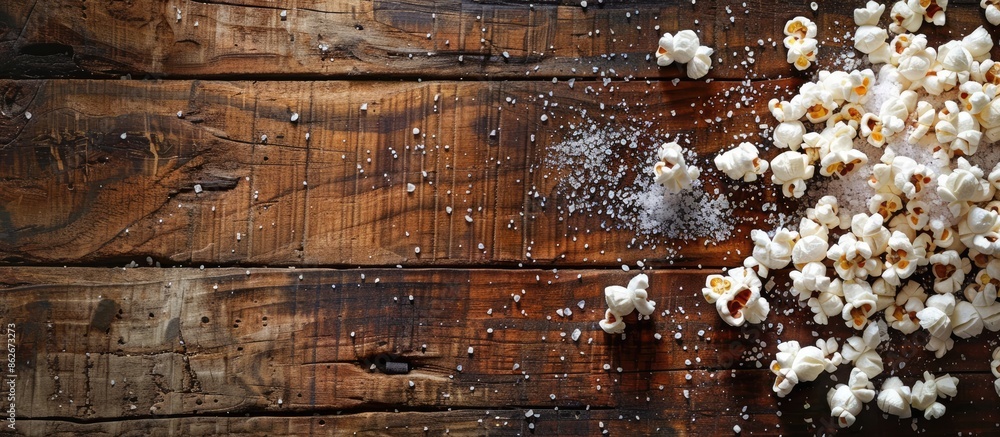 Poster popcorn sprinkled with salt on a rustic wooden table with copy space image.