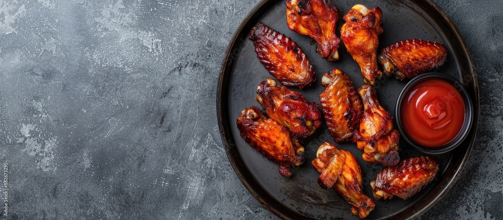 Aufkleber top-down view of grilled spicy chicken wings served on a black metal tray with ketchup, either in me